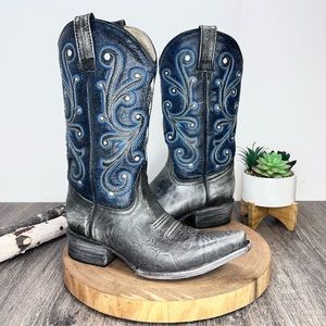 *Rockin Leather | Grey/Navy Western Distressed Leather Boots Size 6.5E
